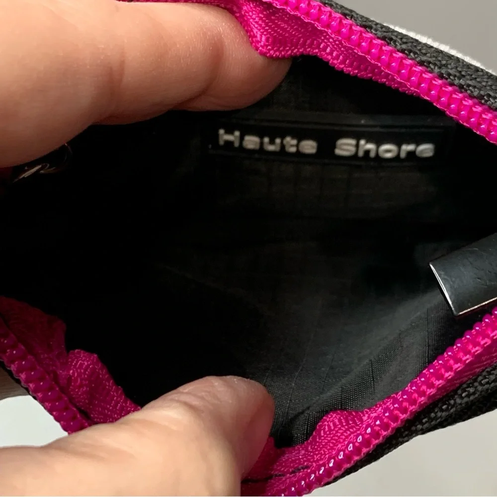 Haute Shore neoprene card keychain‎ case in gray camo and neon pink.